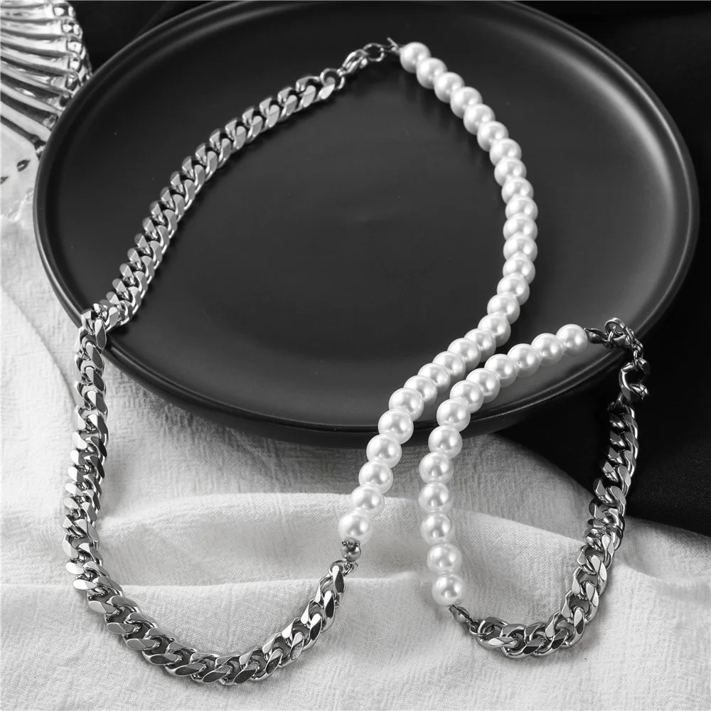 New Hip-Hop style Cuban Chain Necklace Exquisite Punk Style Pearl Beaded Necklace Bracelet Men's And Women's Jewelry Best Gifts