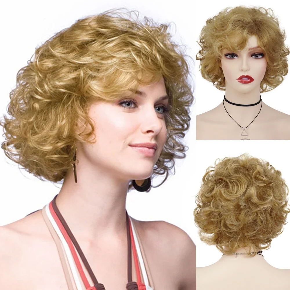 Synthetic Natural Blonde Wig Short Curly Hair for Women Daily Use Blond Layered Wig with Bangs Cancer Patient Wigs Gift Outfits