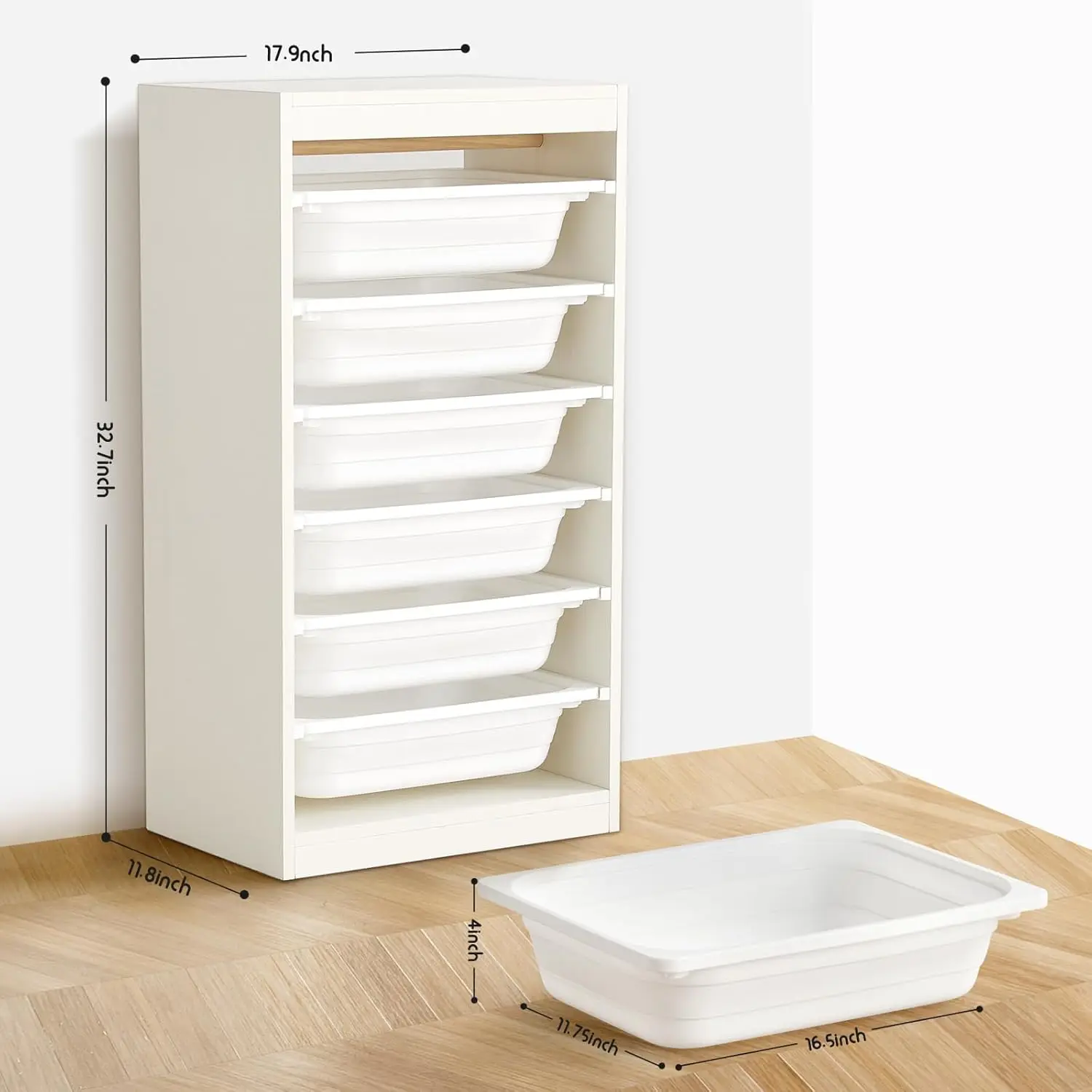 Multipurpose Toy & Book Storage Cabinet with 6 Large Bins, White - Collapsible and Easy to Assemble