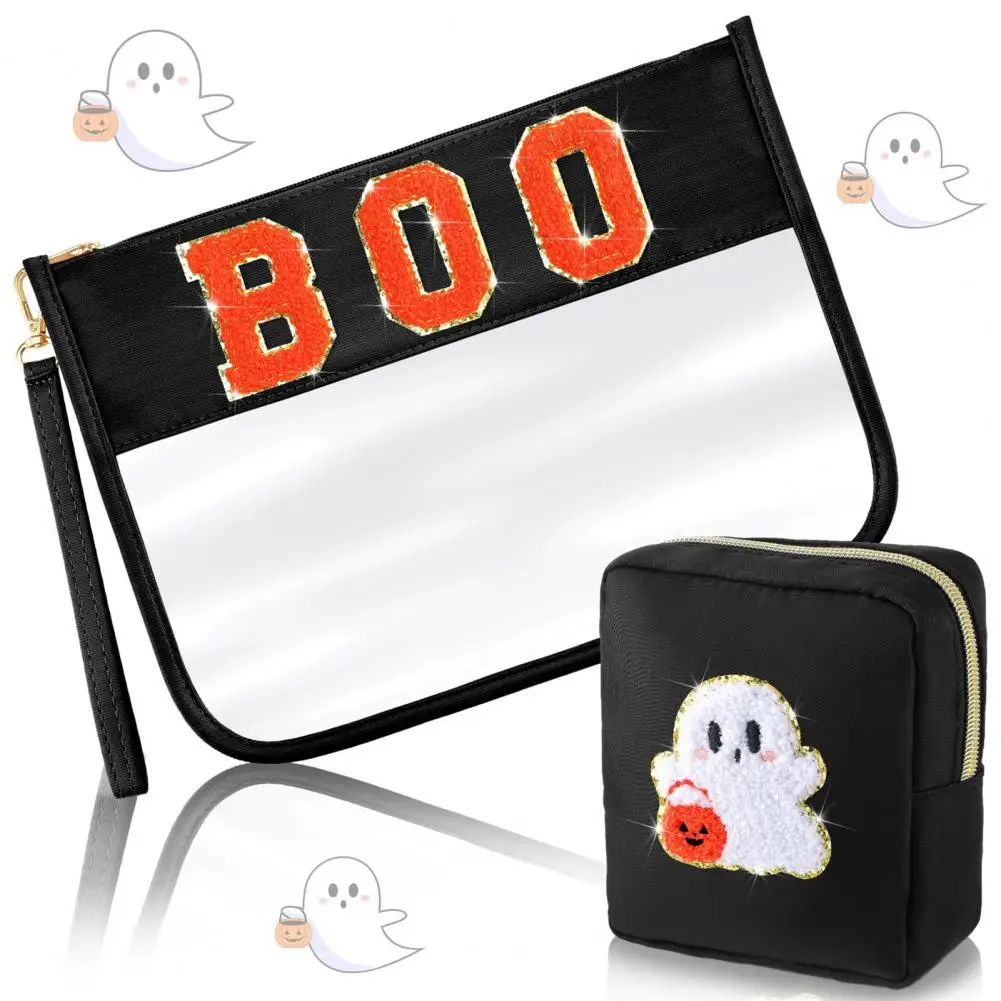 Borse eleganti Set di borse per trucco di Halloween con cerniera Borsa per cosmetici con lettera Boo Borsa impermeabile per riporre la zucca fantasma per ragazze