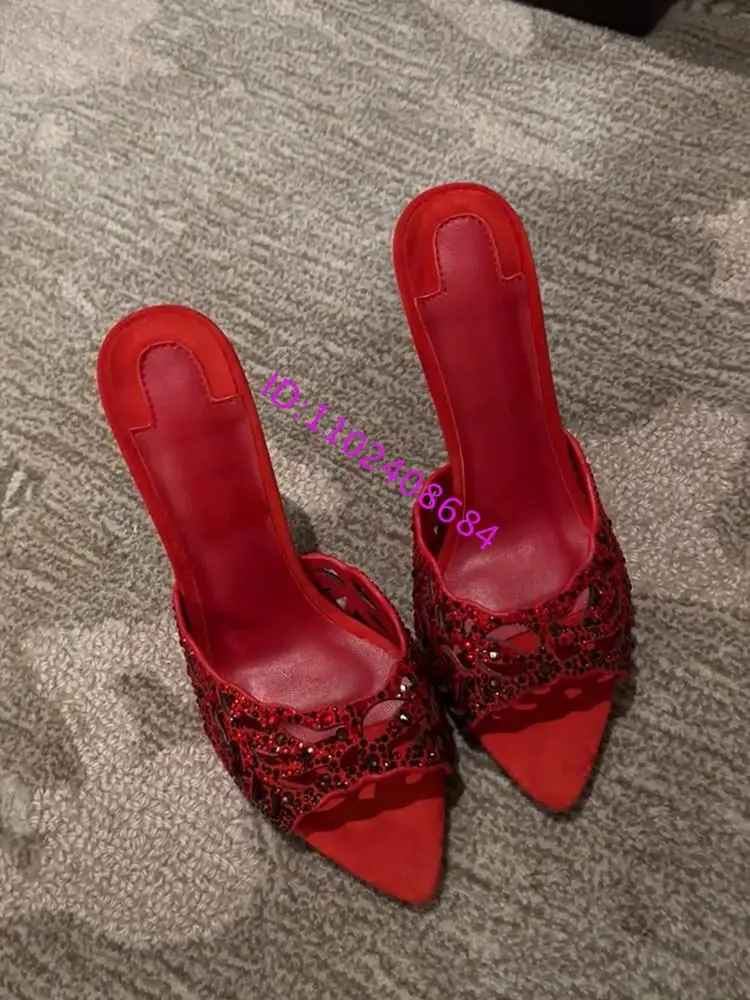 Design Women Red Rhinestones Hollow High Heel Sandals Sexy Lady Summer Pointed Open Toe High Heel Red Crystal Sandals