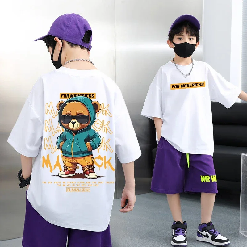 Boys Cotton Fashion Bear Pattern Printed Men Women T Shirt Hip Hop Loose Tops Breathable Comfortable Casual Couple Clothing