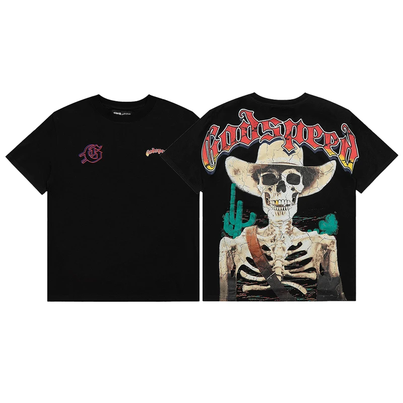 Godspeed Men's Short Sleeve T-Shirt Dark Wash American Style Cotton Casual Top for Summer Streetwear Unisex Tee Skull Print