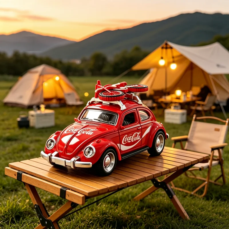 Retro-Spielzeugauto im Beatles-Stil aus Metalllegierung, Rückziehmodell mit Reise-Thema, Dachträger und aufklappbaren Türen, Sammlerstück im Maßstab 1:32 – Detail 1