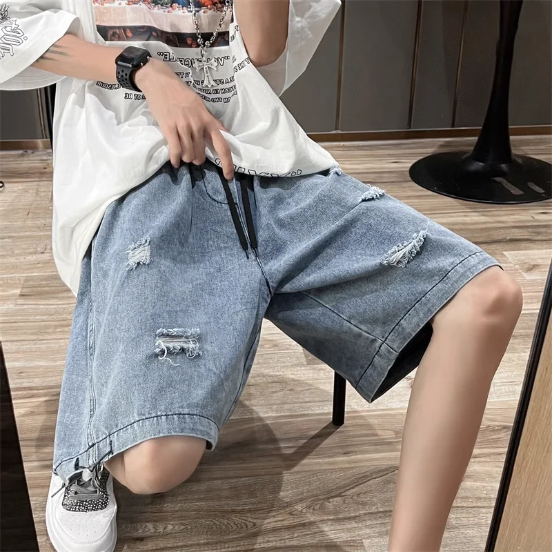 

Американские модные брендовые мужские джинсы свободного кроя с эластичной резинкой на талии и прямыми штанинами, повседневные летние модные молодежные джинсы с завышенной талией