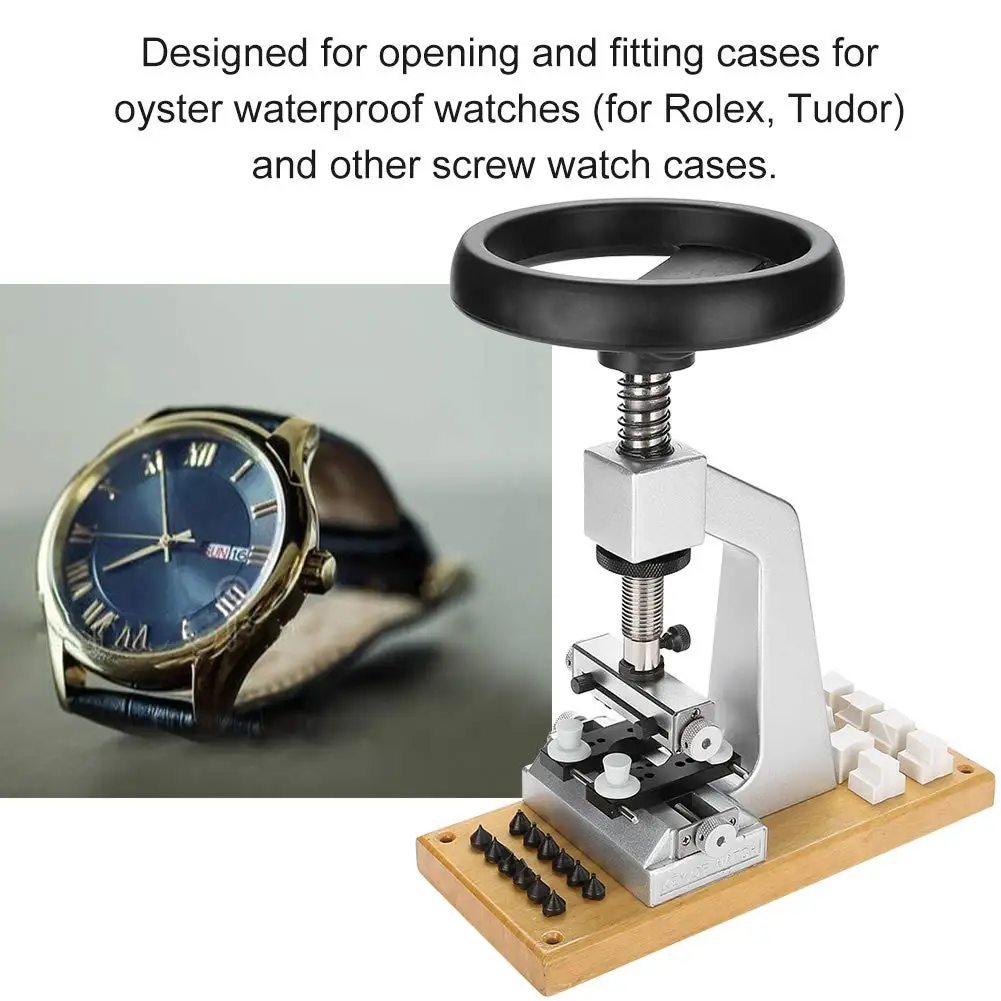 Bench Watch Case Opener with 6 Dies and Adjustable Holder Steel and Aluminum Construction Screw-in Watch Cases with 12 Chucks