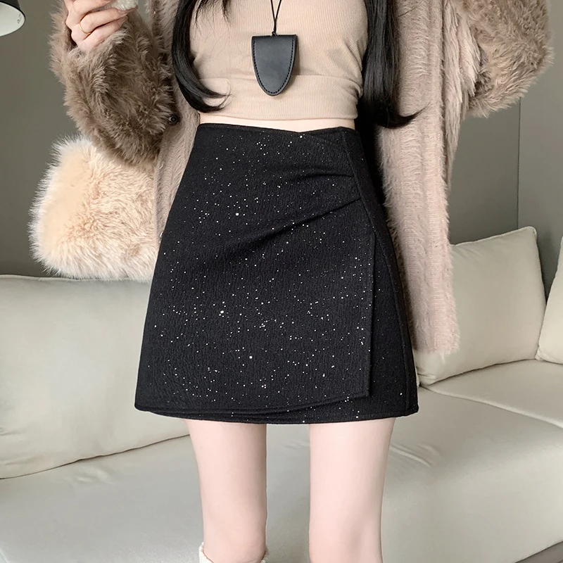 2026 Autumn Winter Korean Glitter Woolen Mini Skirt Women High Waist Irregular Wrap A-line Skirt Ruched Slim Short Skirt
