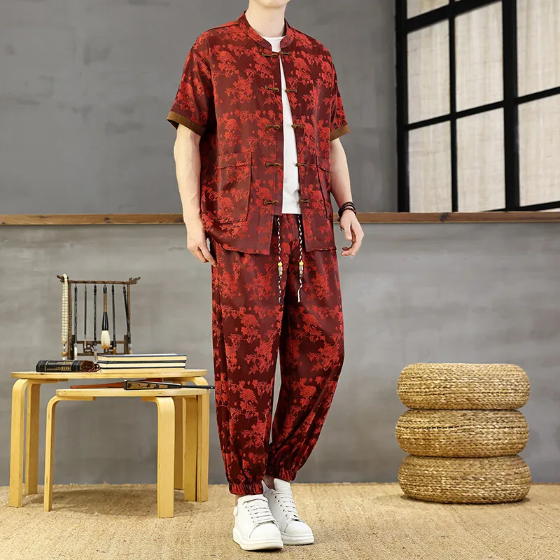 

Summer Chinese Style Linen Tang Suit Men casual Shorts Tai Chi Uniform Retro Short Sleeve Print Shirt Pants 2 Piece Set