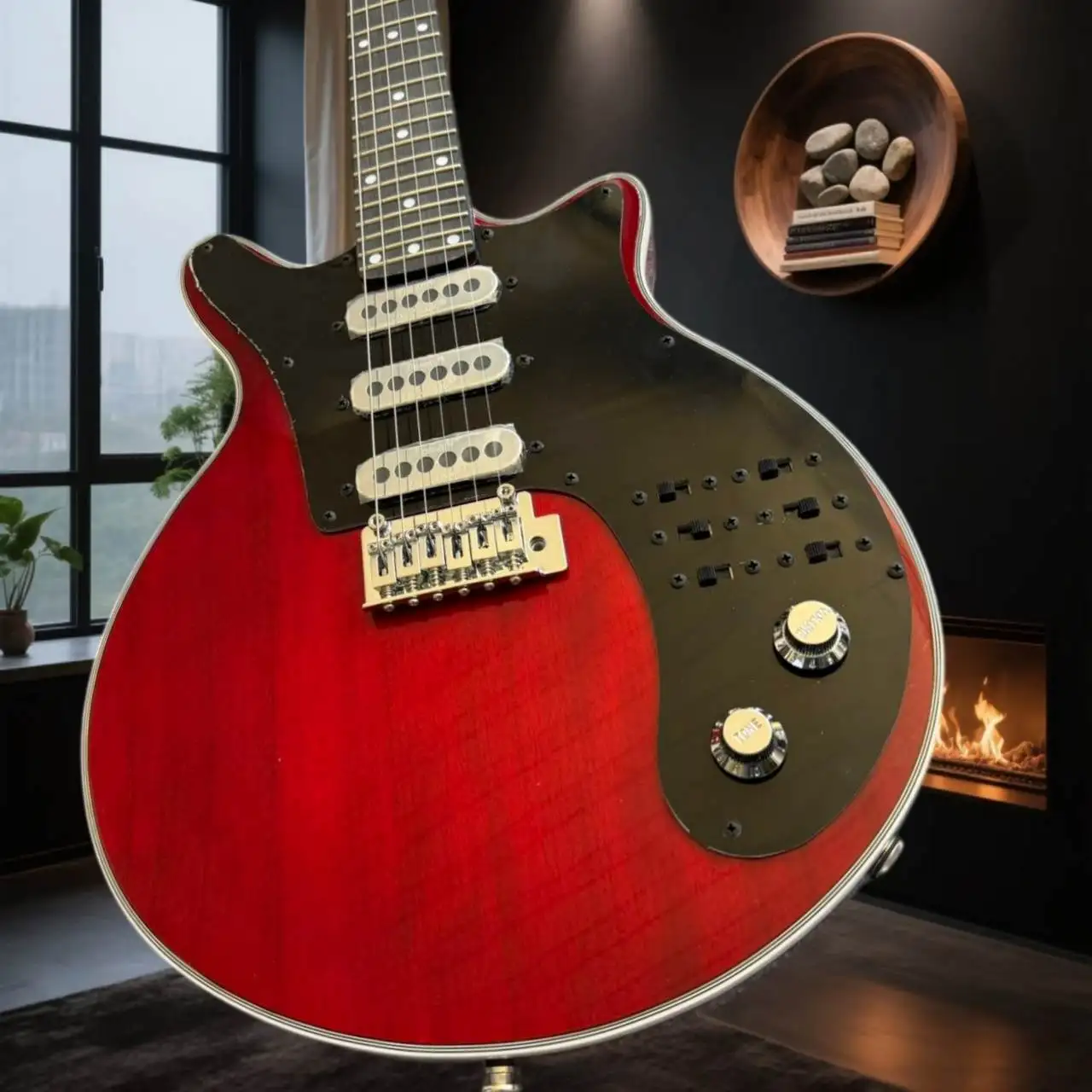Trans Red Brian May Electric Guitar Tremolo Bridge Dual Single Coil Bright Tone Pop Funk Stage Performance Musician Friendly