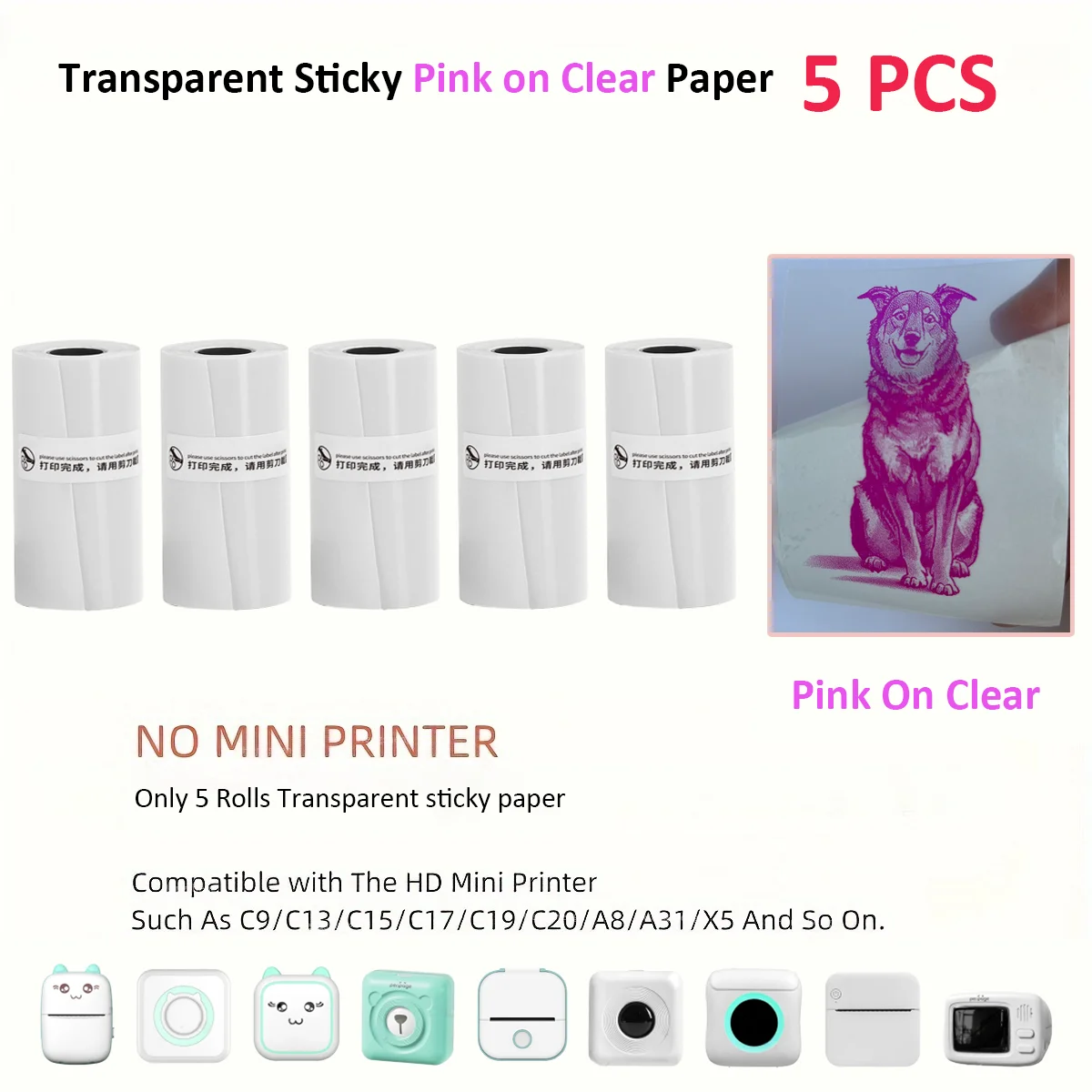 5 Rolls Pink On Clear Thermal Paper Transparent Sticky Paper Mini Printing Instant Print Rolling Paper Mini printer Accessories