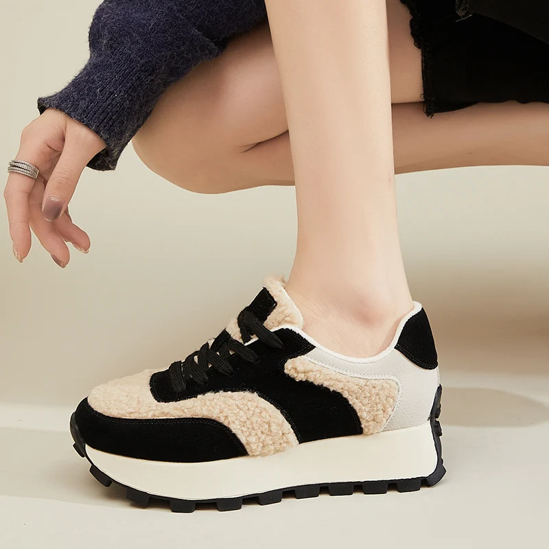 AUTUSPIN Winter Warm Sports Shoes Women New Arrival Genuine Leather Flats Platform Ladies Wool Splicing Sneakers Woman Fashion