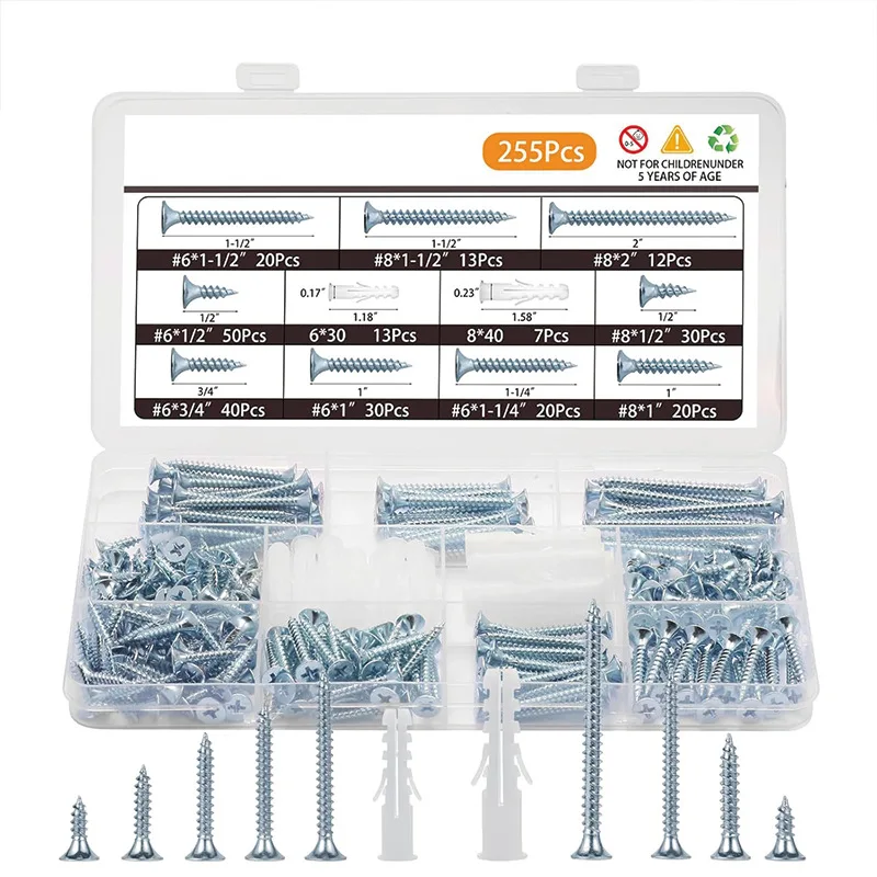 230Pcs High Hardness Self Tapping Screws Assortment Kit, #6 #8 Phillips Flat Head White Wall Anchors & Screws Set