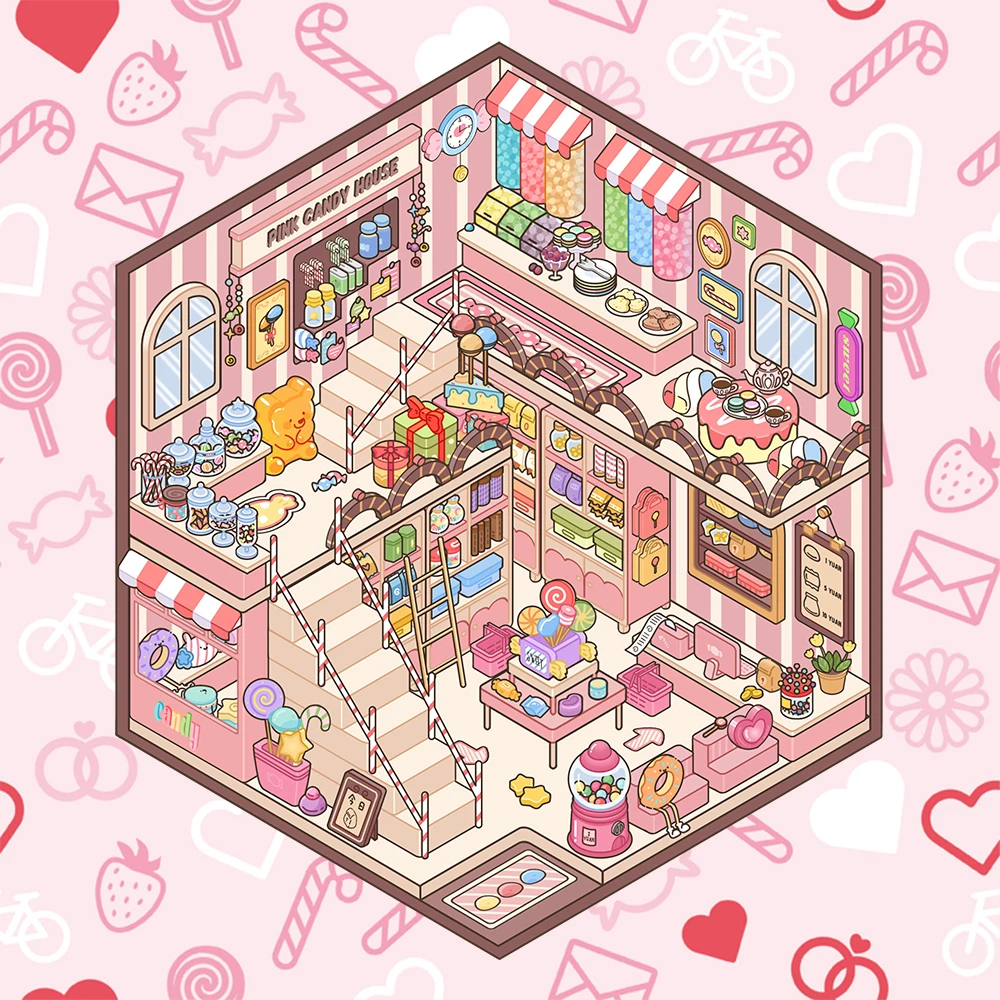 1Set DIY 3D Rosa Candy Shack Miniatur Aufkleber Machen Szenen Warme schöne Aufkleber Visuelle Stapeln Relief Stress Durchgang Die Zeit