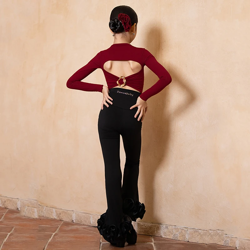 2024 Mädchen Latin Dance Kleidung Lange Ärmel Tops Rüschen Ausgestelltes Hosen Cha Cha Ballroom Dance Praxis Leistung Tragen