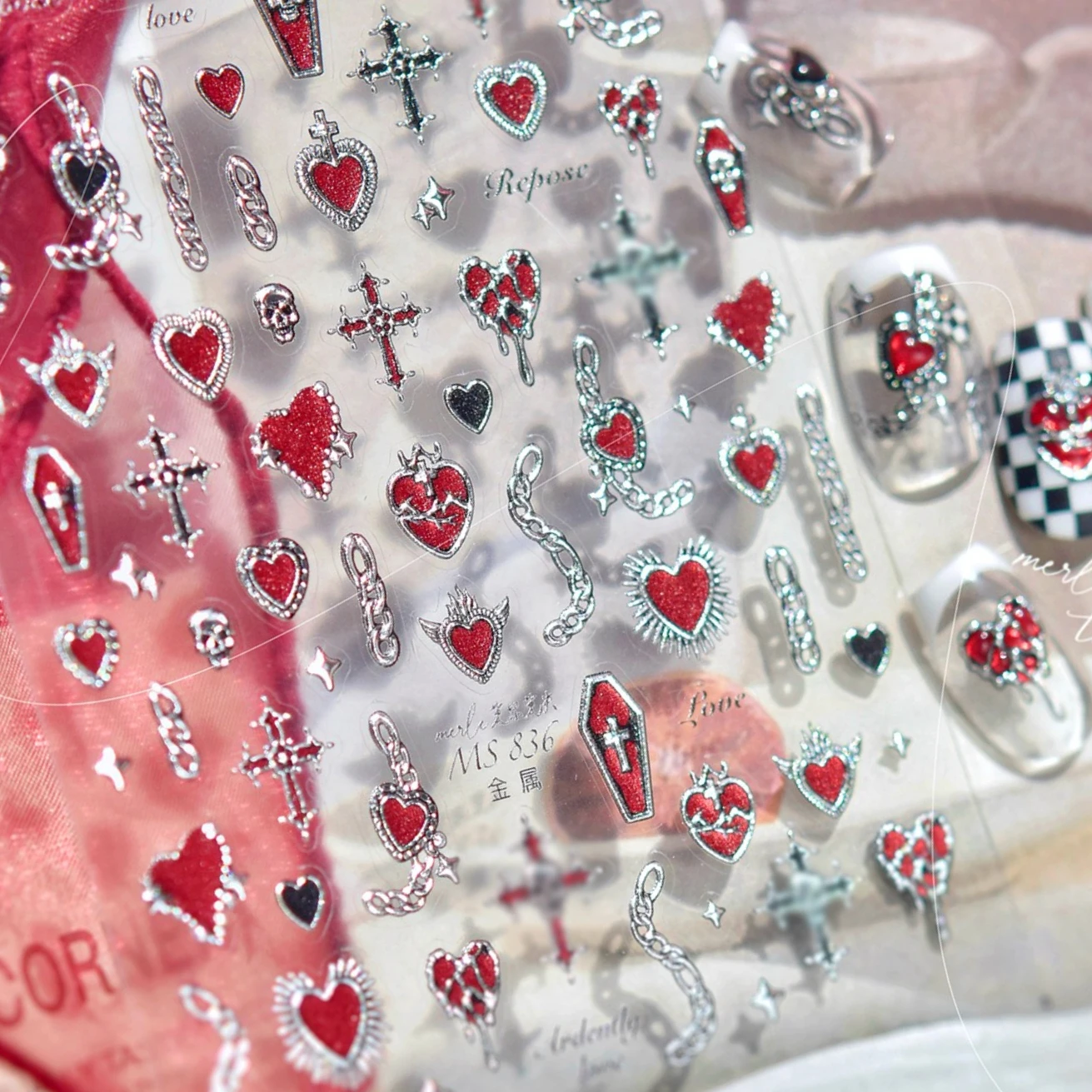 熱狂的にシルバー溶岩チェーンクール不規則なハートガードスケルトン星月棺ロックちょう結びネイルアートステッカーマニキュアデカール