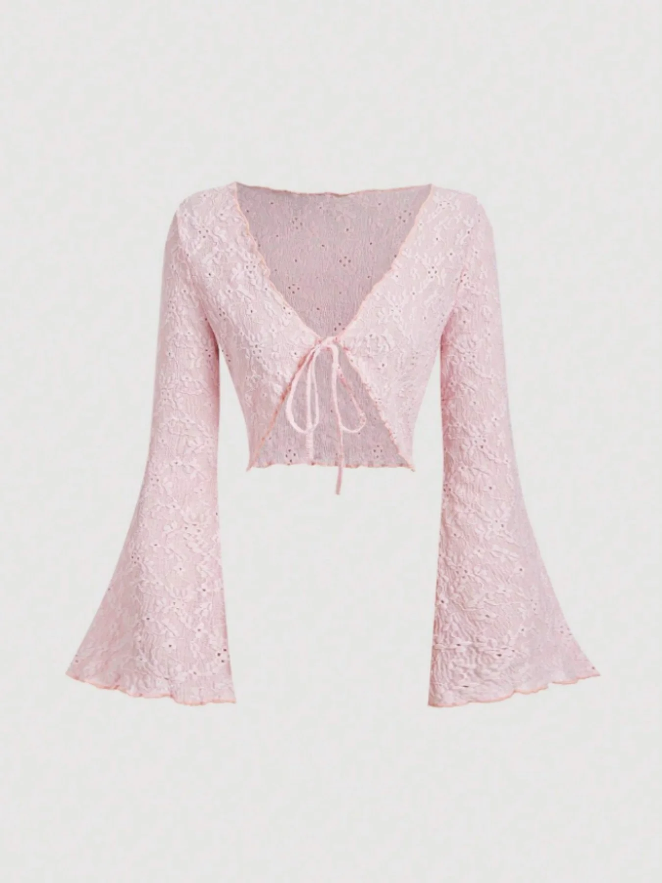 Damen-Cardigan mit Ösen-Spitze, ausgestellten Ärmeln, vorne gebunden, V-Ausschnitt, gewelltem Saum, einfarbig Schwarz, Sommer-Überwurf-Top – Detail 2