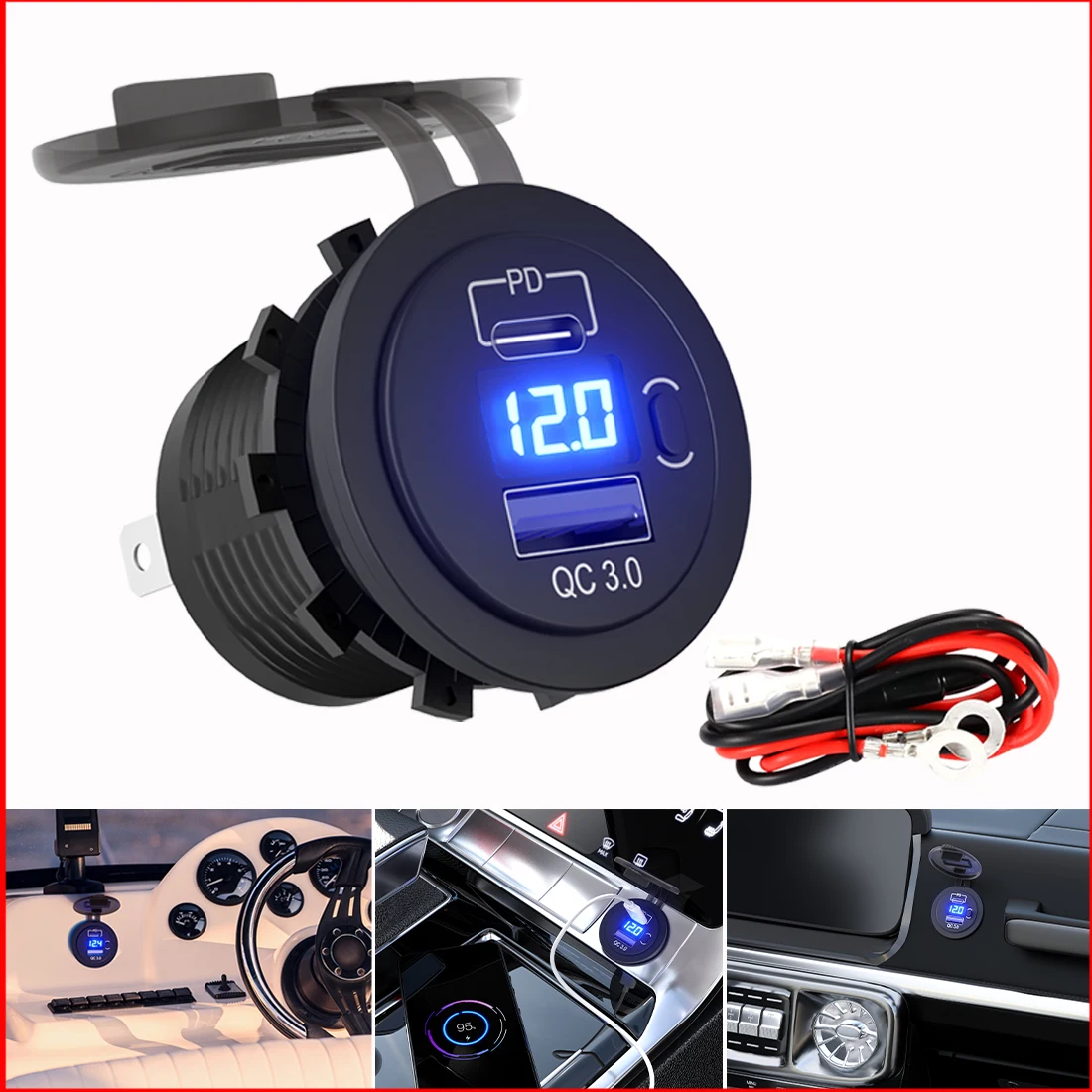 PSEQT Round 12V QC 3.0+ PD Charger Voltmeter Blue LED Car Boat Rocker Switch