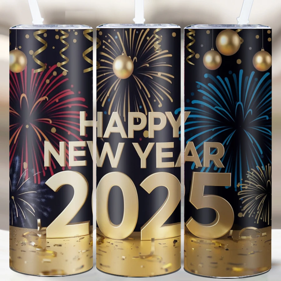 20oz Large Capacity Party Tumblers Straw Lid 1Pc Stainless Steel Coffee Cups 3D Print 2025 Happy New Year Insulated Water Bottle