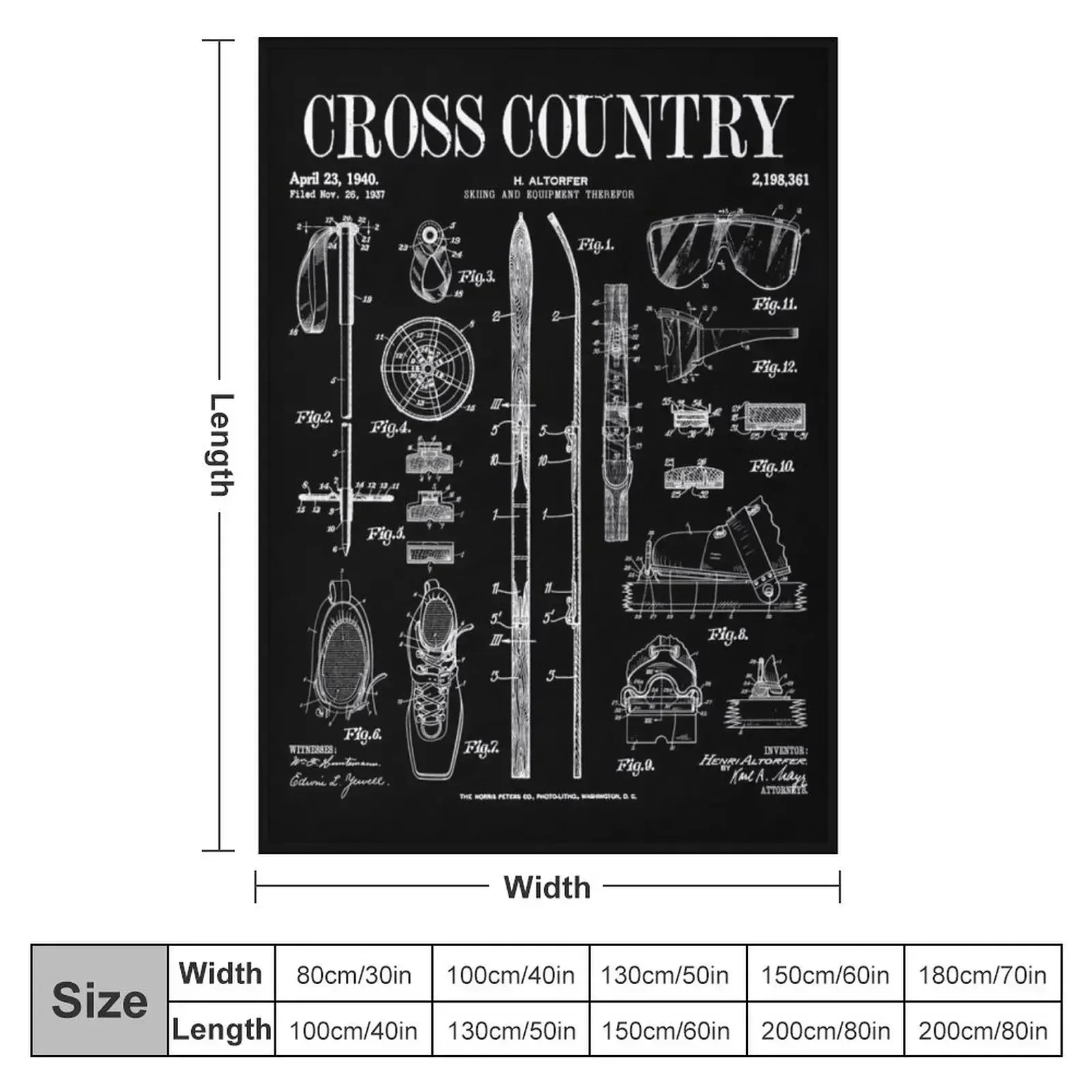 Cross Country Nordic Skiing Ski Vintage Patent Skier Print Throw Blanket Flannels Stuffeds Thins Hairys Blankets