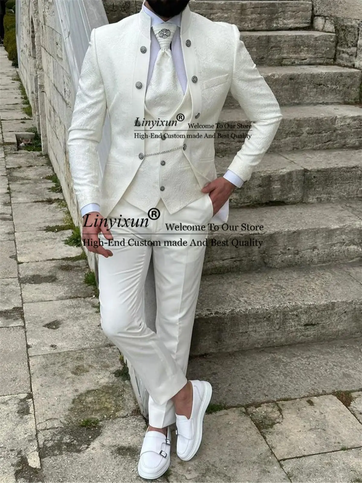 Costumes classiques pour hommes, revers mandarin, smokings de marié de mariage, gilet à motif beige, blazer de garçon d\'honneur, ensemble 3 pièces