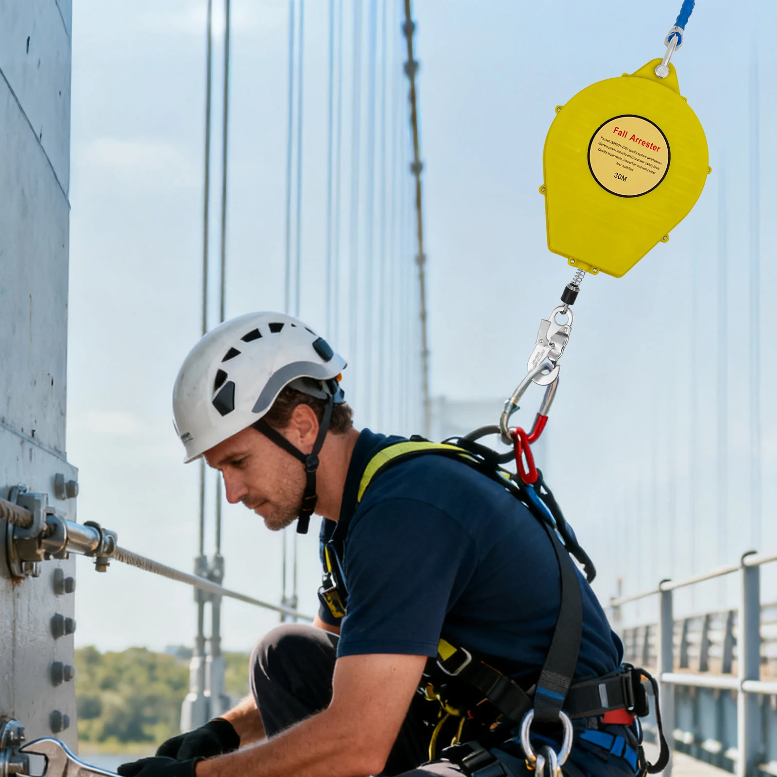 

Средство защиты от падения 30 м/98,43 фута, снаряжение для защиты от падения с самоблокировкой и двудисковым тормозом, максимальная нагрузка 150 кг, 3,28 фута/с, желтый