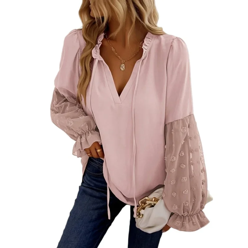 Plus Größe Neue Damenmode Langarm Elegante Schweizer Polka Dot V-ausschnitt Hemd Damen Casual Patchwork Laterne Hülse Hemd