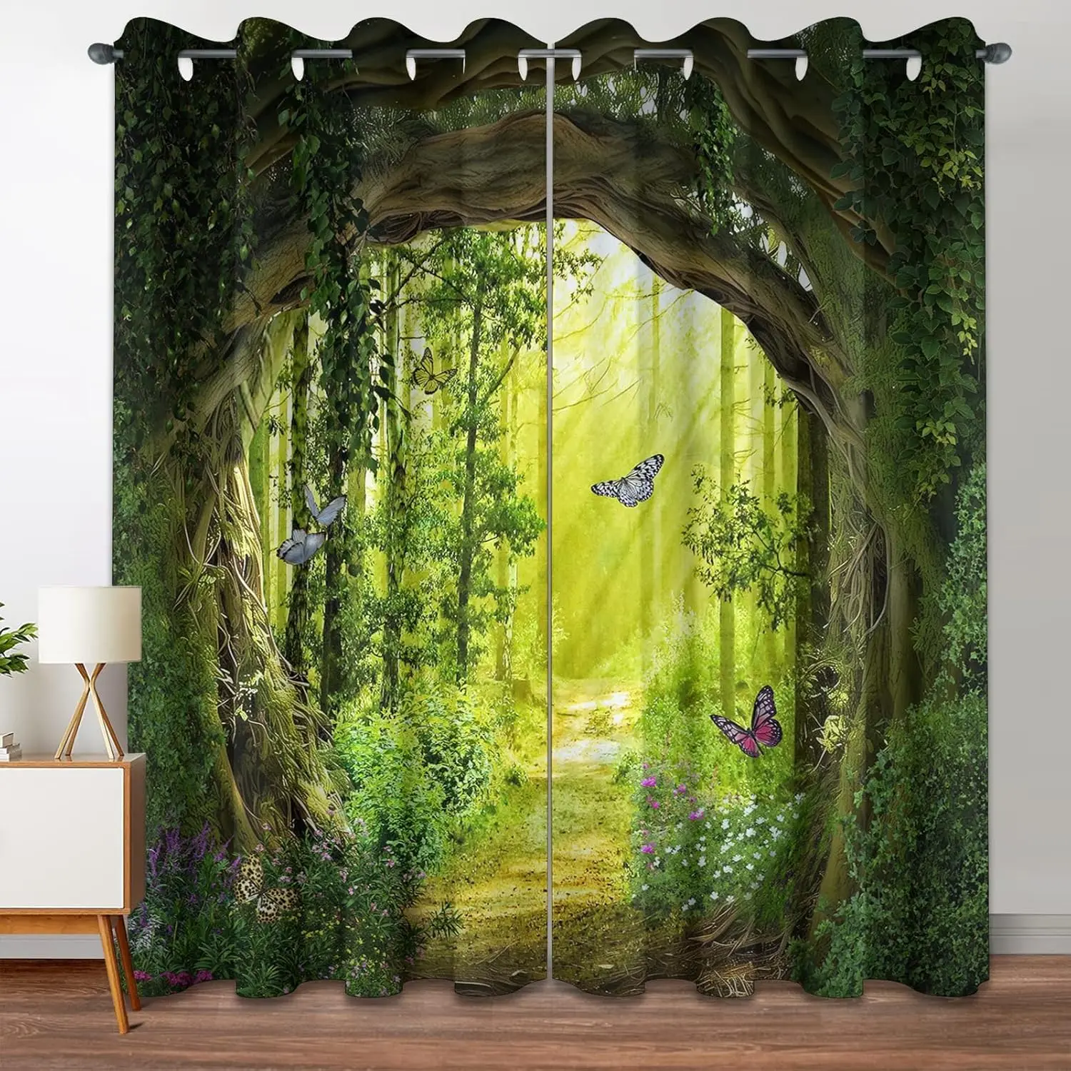 Tende oscuranti della foresta incantata albero modellato Scenic Nature Green Spring Woodland Grommet tende per finestre per soggiorno in camera da letto