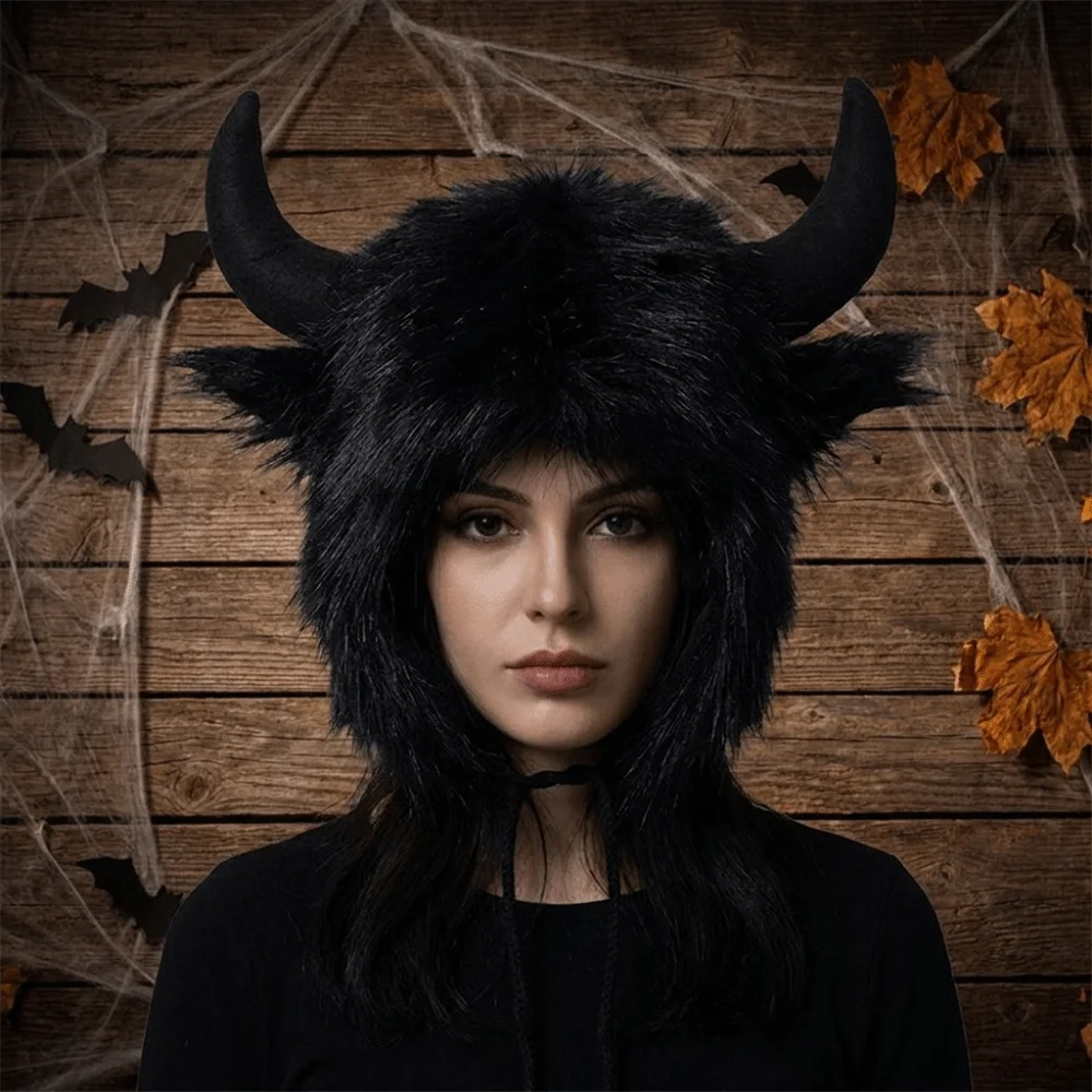 Vintage Solid Color Ox Horn Hat Fur Trim Thickened Demon Ear Protection Hat Fluffy Thermal Lei Feng Cap Men