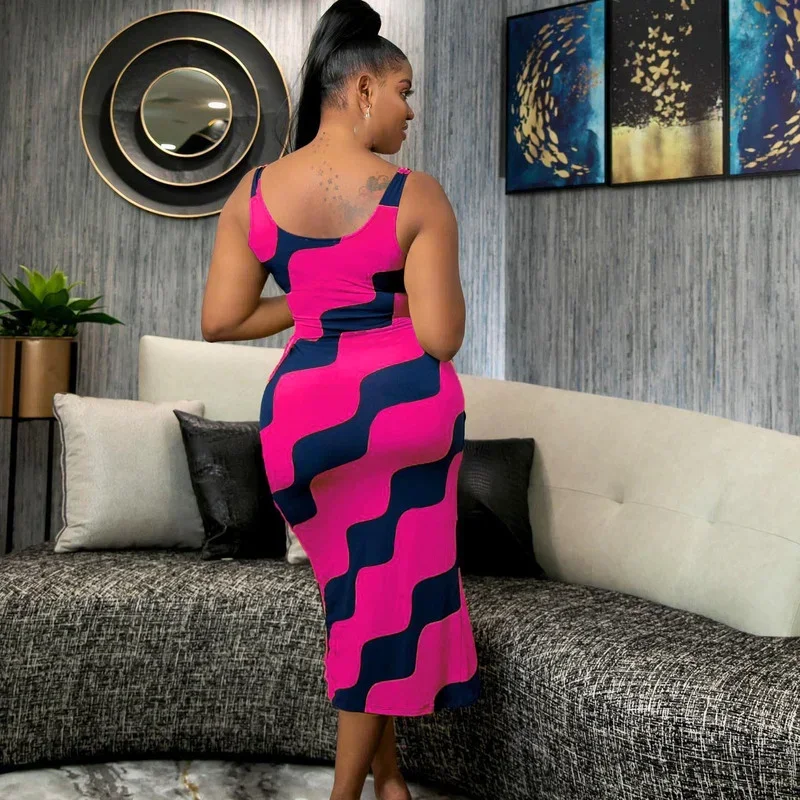 GUWU Tie Up Side Split Wave Stampa Aderente O-Collo Canotta Abito da donna Estate Sexy Party Midi Matita Abiti Abiti