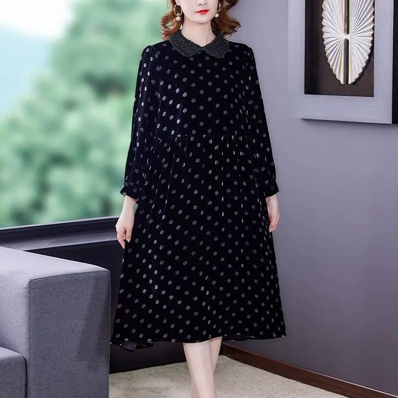 

Женское бархатное платье в горошек, черное универсальное свободное Повседневное платье для отпуска, Осень-зима 2023