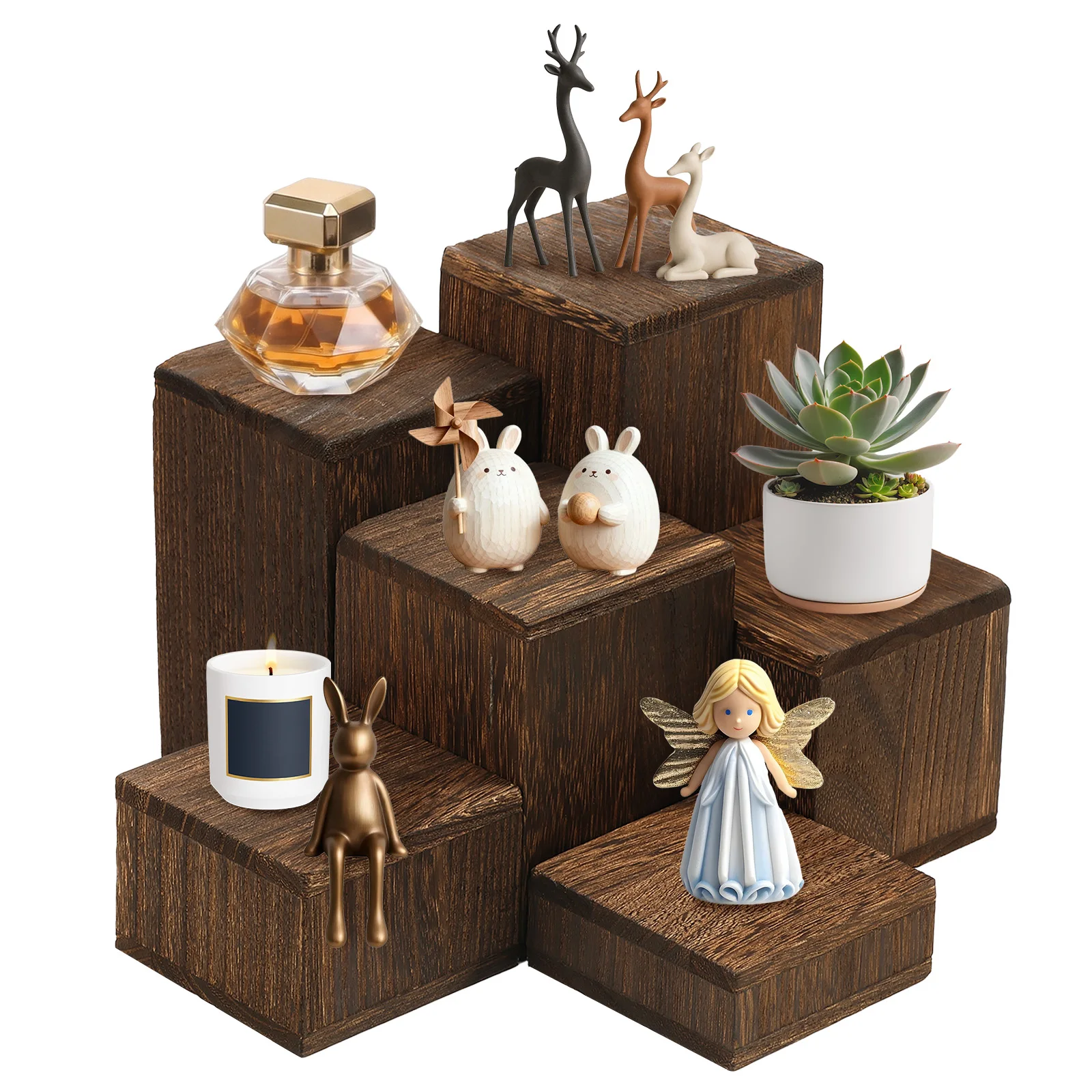 6 pièces de présentoirs en bois carrés/hexagonaux à design étagé, présentoirs à bijoux empilables, présentoir à parfums pour petites figurines