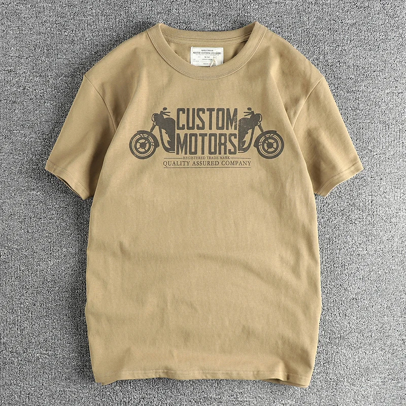 Summer New American Retro Short-sleeved O-neck Motorcycle Printed T-shirt Men's Fashion 100% Cotton Washed Casual Sport Tops