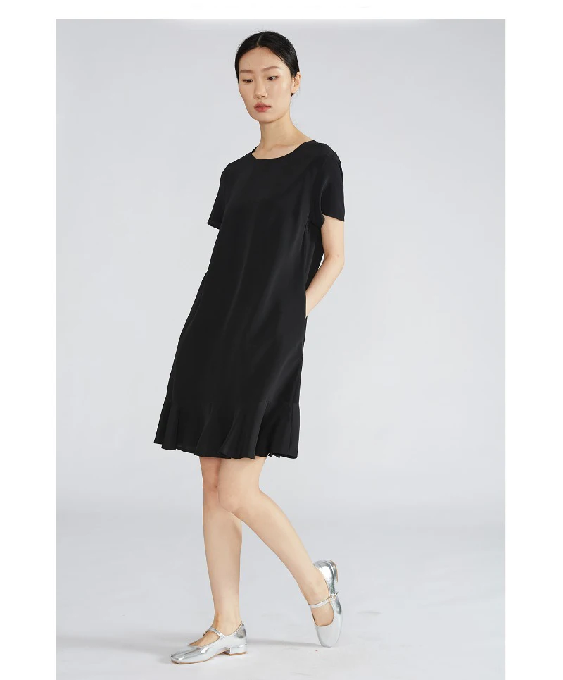 Luxury 30MM Heavyweight 100% Natural Mulberry Silk Satin Ruffled Women's Black Fashionable Round Neck Short Sleeved Dress