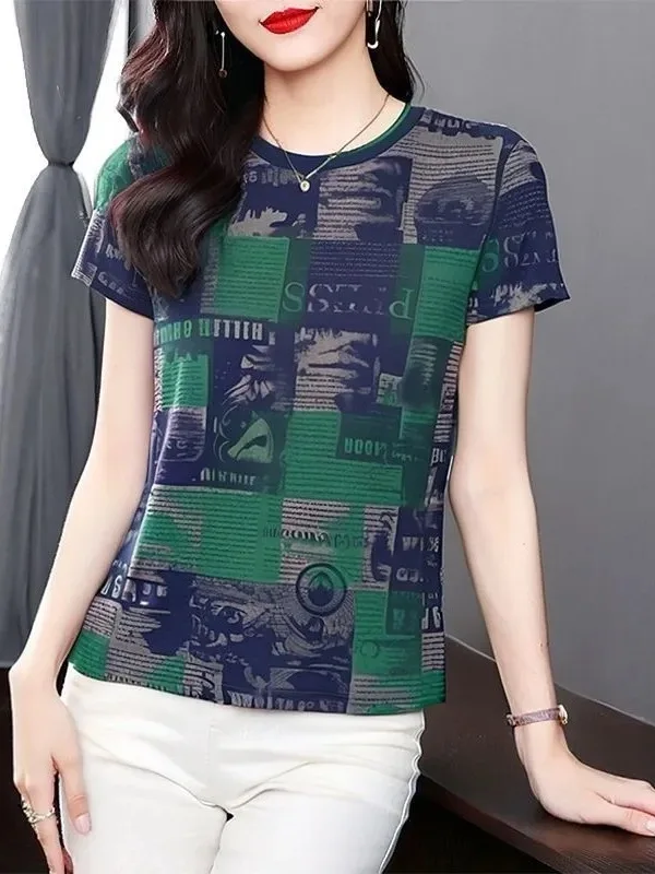 

Модная футболка с коротким рукавом и принтом для мам среднего возраста, новинка 2026 года, свободный крой, круглый вырез, топ из полиэфирного волокна