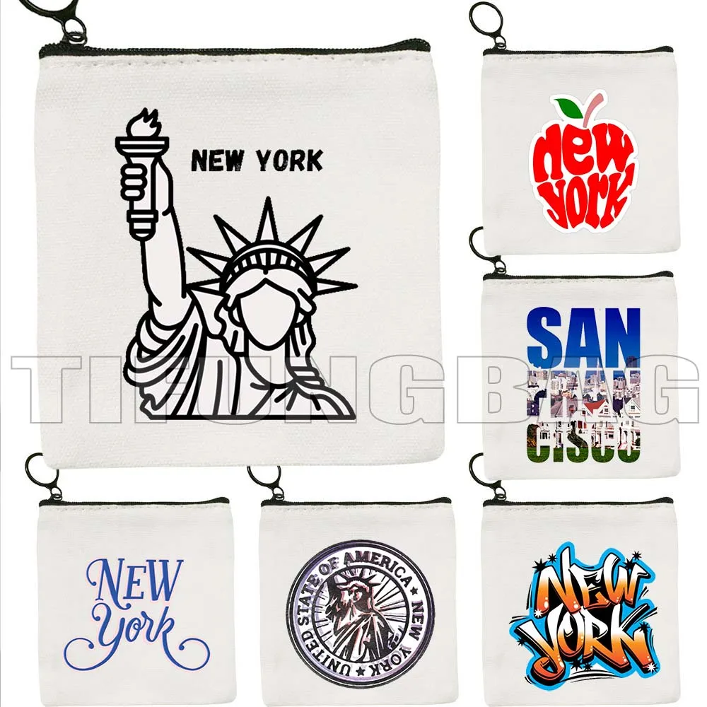 New York City The Big Apple NYC Gifts Statue Of Liberty Stamp San Francisco Lettering Print Coin Purse Key Case Bag Wallet Pouch