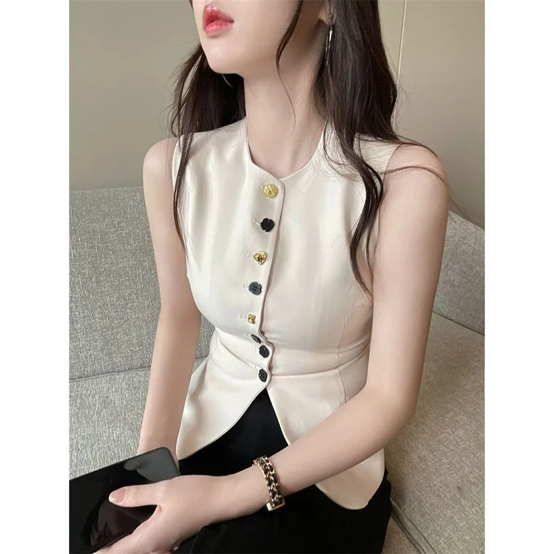 Bege sem mangas fino em torno do pescoço colete feminino verão outono 2025 novo temperamento elegante casual versátil colete topo feminino