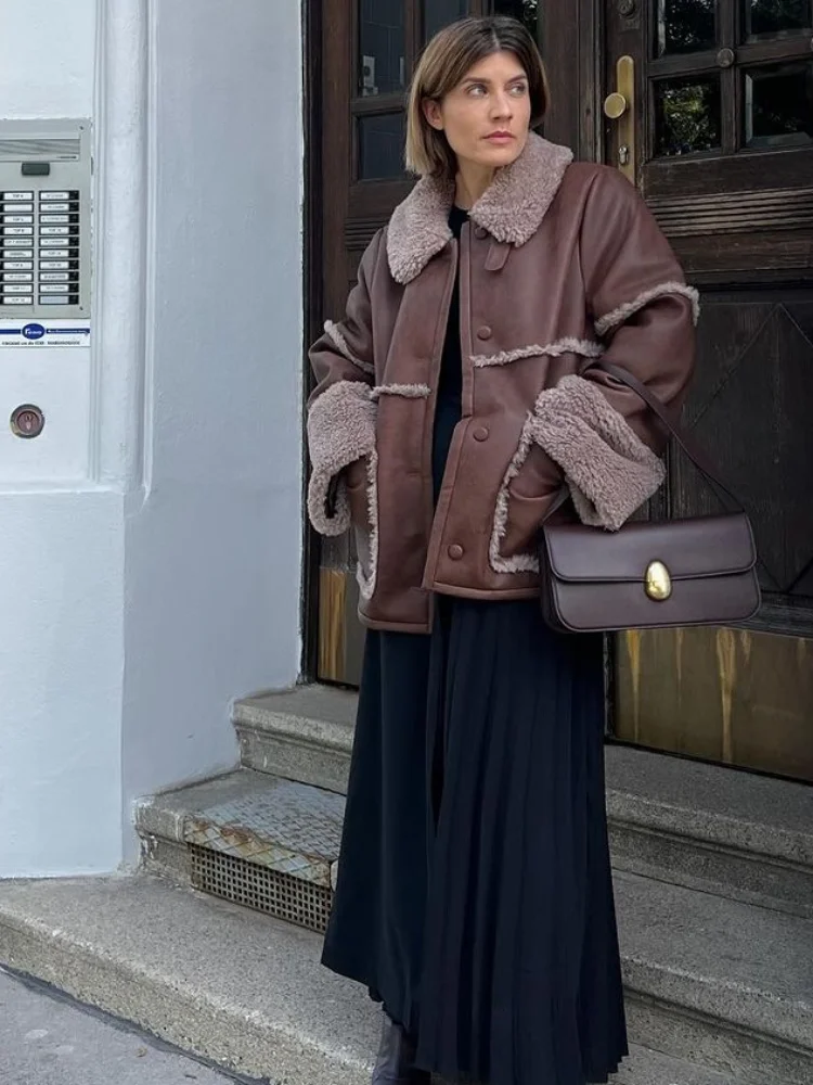 

Women Lapel Solid Lamb Wool Leather Jacketsingle Breasted Stand Collar Patchwork Short Jackets 2025 Lady High Street Outwear