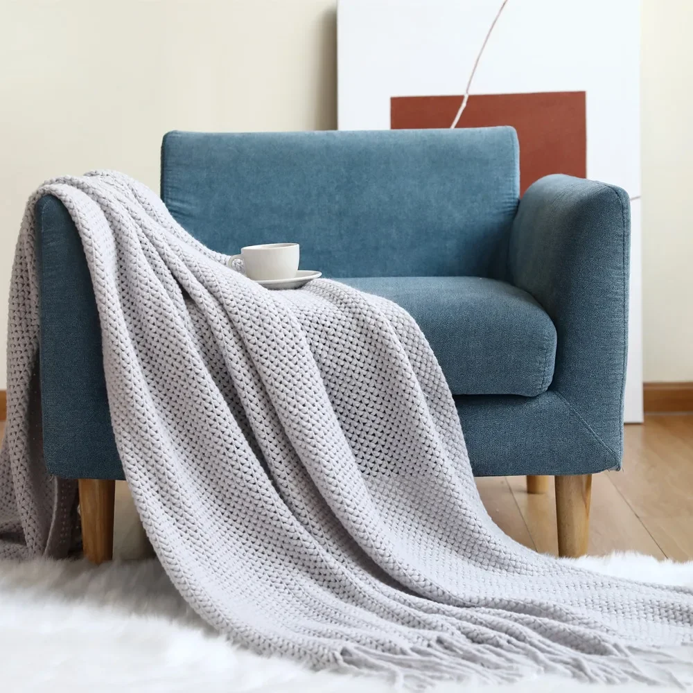 Nordic Soild Color Knitted Shawl Sofa Blanket with Tassels Sofa Scarf Emulation Fleece Throw Blanket TV Blankets Bed Home Decor