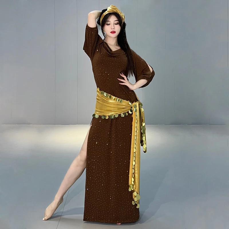 

Women Belly Dance Coins Costume Baladi Dress Saidi Dresses Girls Bellydance One Piece Dress Folk Dance Outfit Shiny 3pcs Set