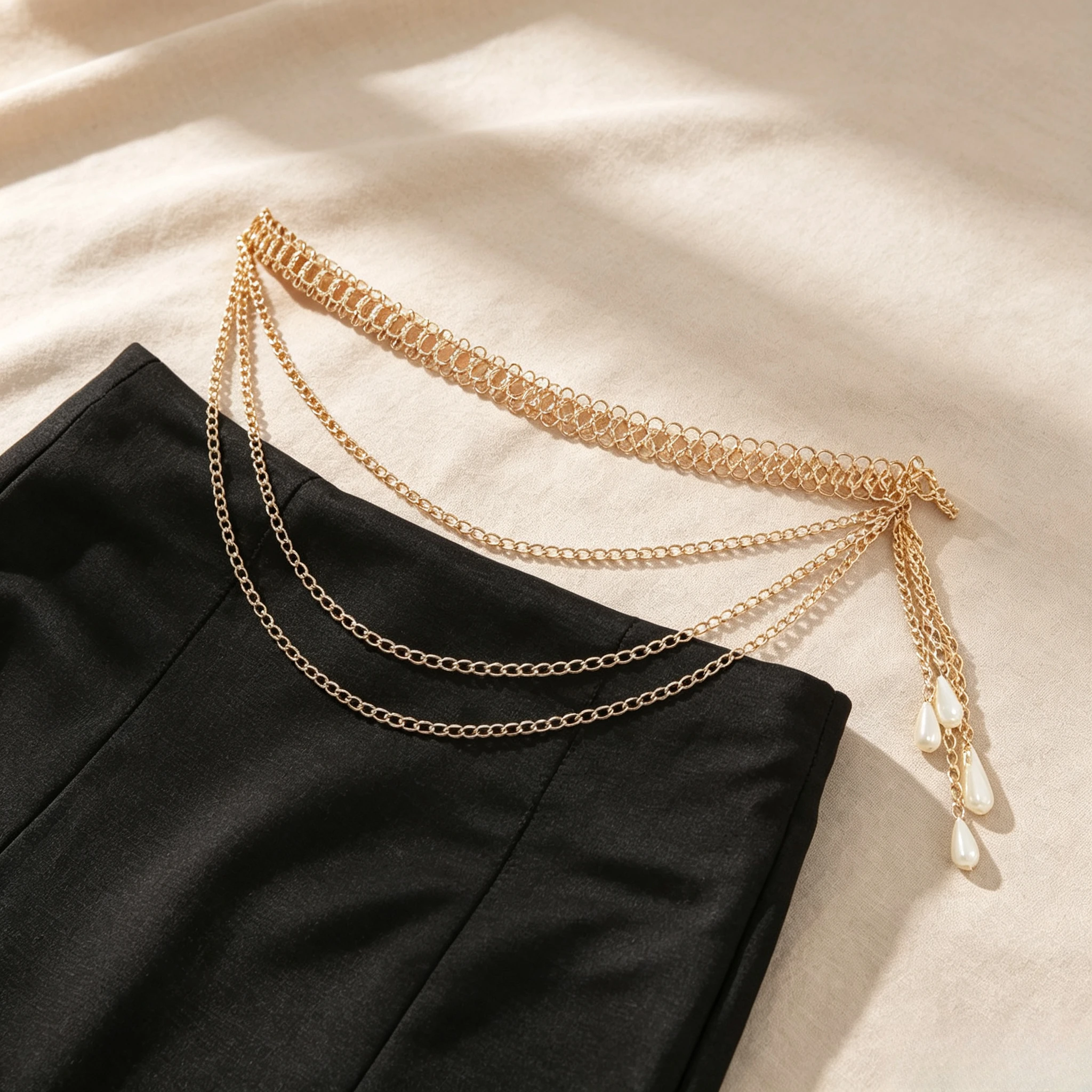 Multi Layer Gold Waist Chain Women Teardrop Imitation Pearl Tassel Body Chain Fashion Adjustable Belly Chain For Skirt Dress