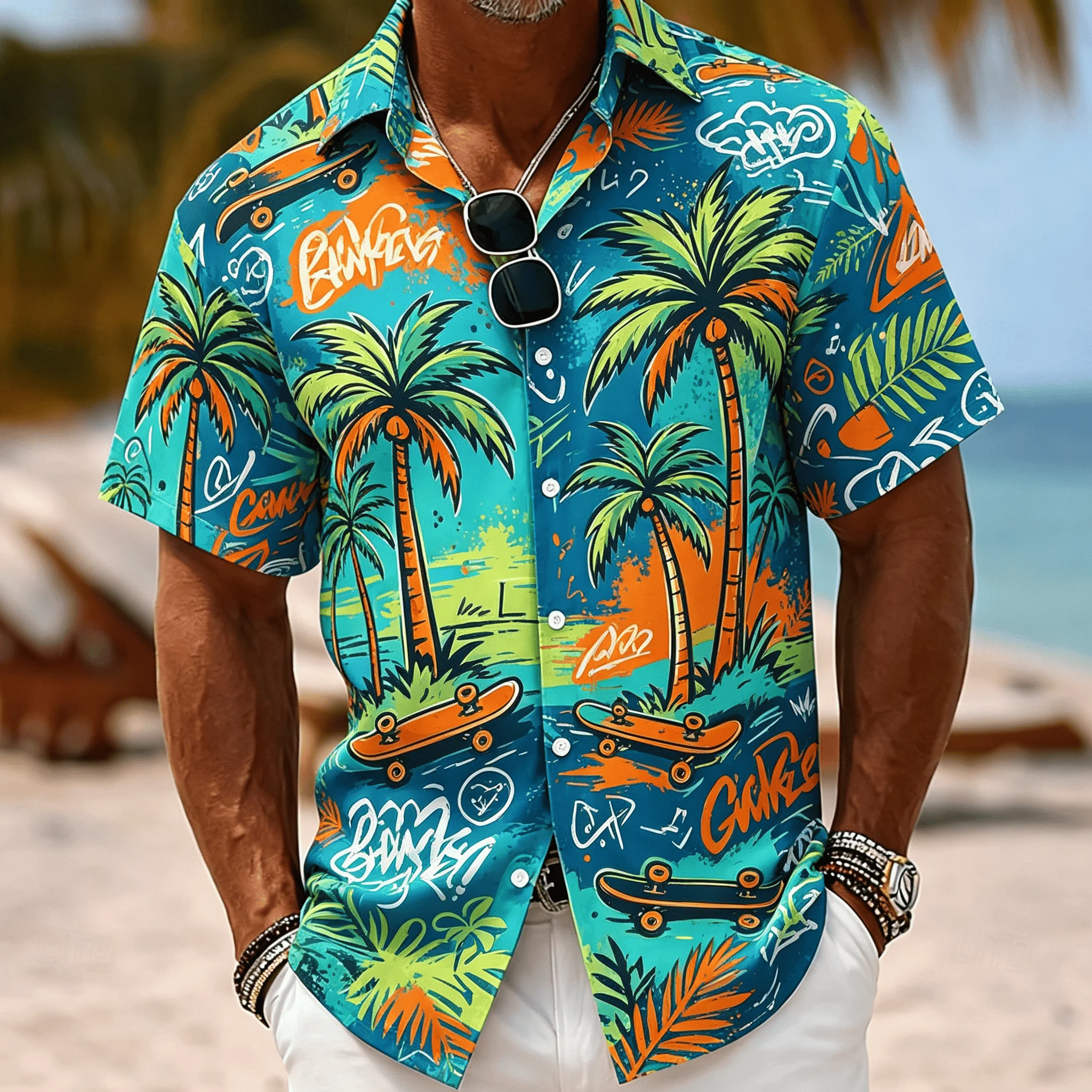 

Men's Graffiti Style Palm Tree Skateboard Print Shirt, Casual Summer Streetwear