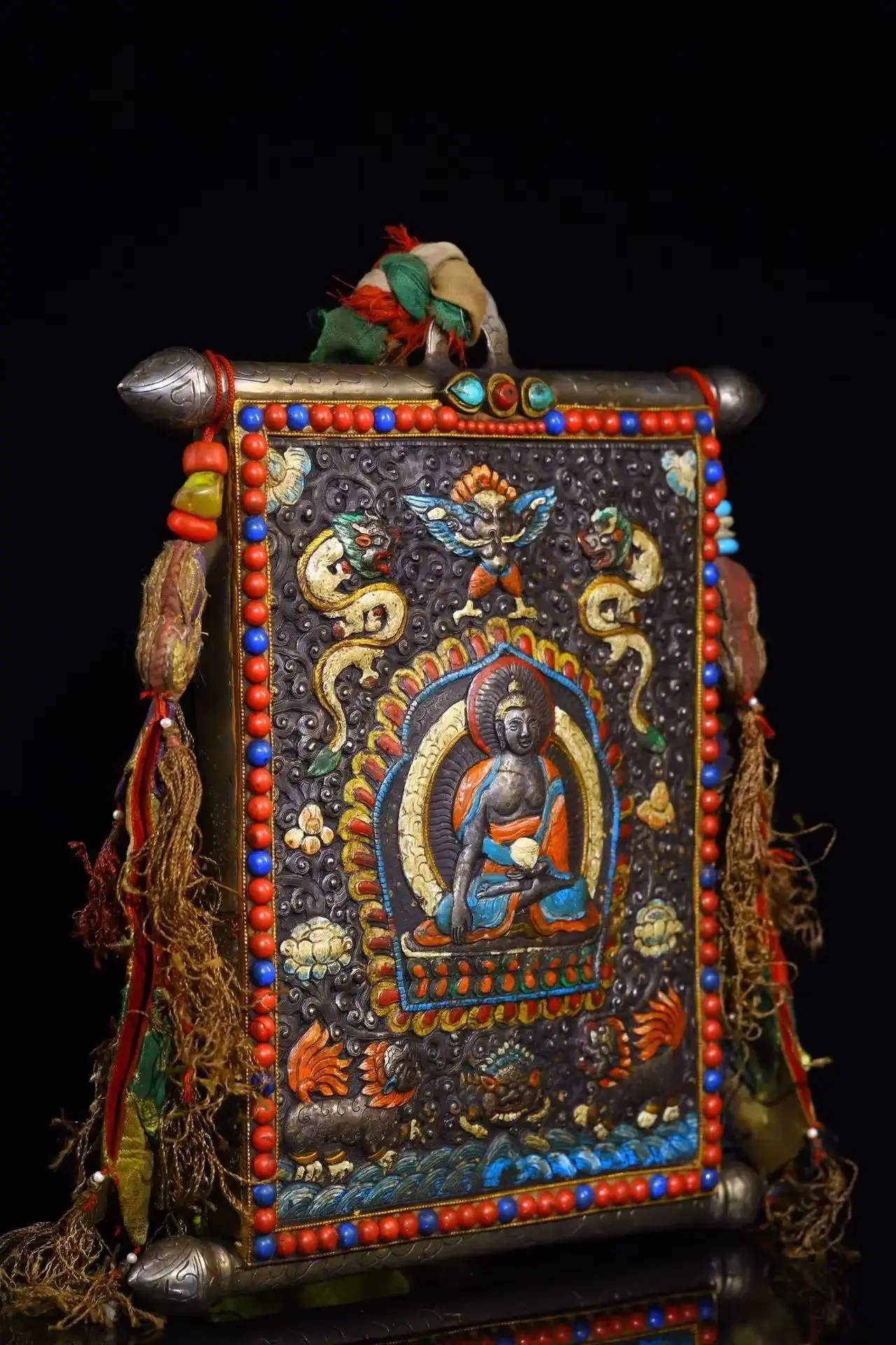 

12"Tibetan Temple Collection Old Tiantie Painted Mosaic Gem GARUDA Texture Shakyamuni Buddha Thangka Wall hanging Worship Hall