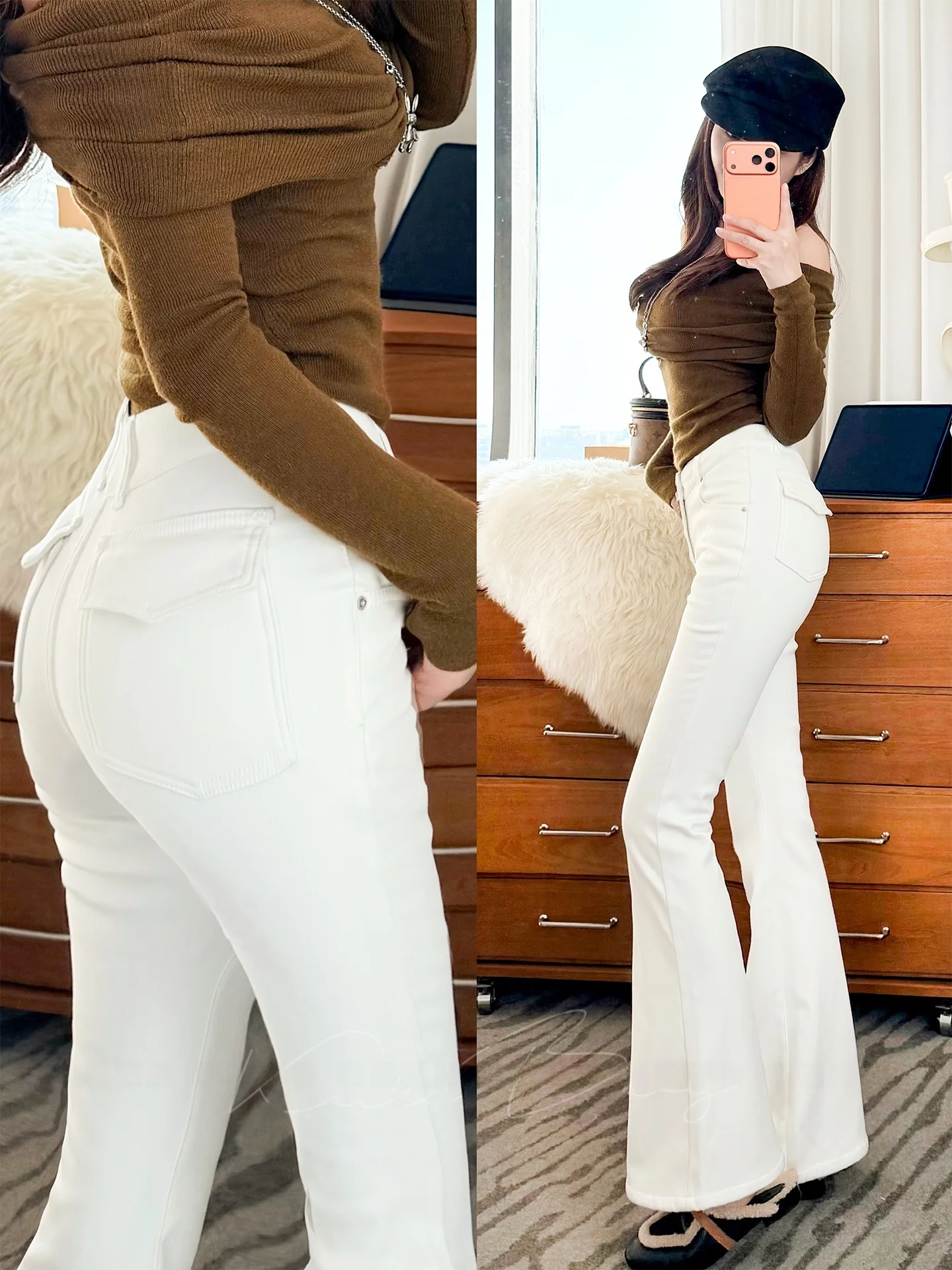 

White V Waist Slimming Jeans Women's High Waist Cotton Stretch Denim Bootcut Pants Casual Sle Versatile Long Leg Effect