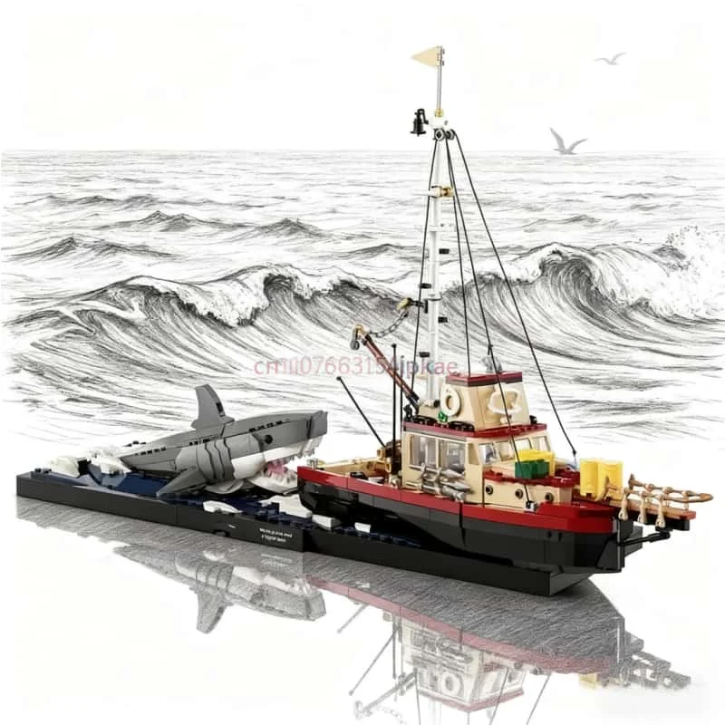 

1497Pcs Creative creative series Great White shark boat home improvement model toy children's birthday gift