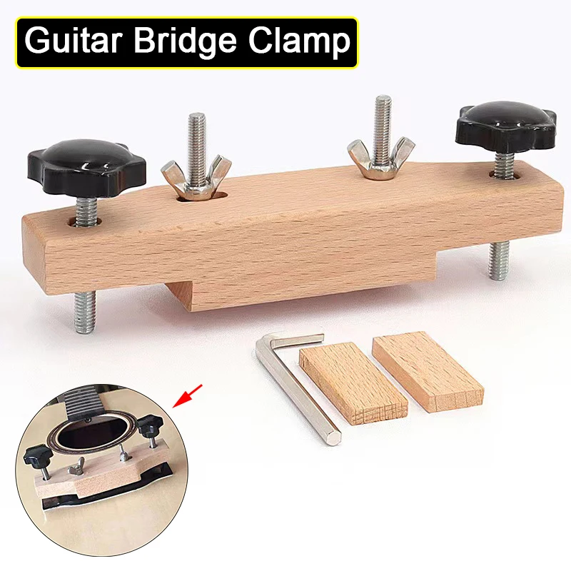 Solid Wood Guitar Bridge Clamp Set with Wooden Block & L-Wrench for Entry Level Acoustic Folk Guitar Luthier Repair & Care Tools