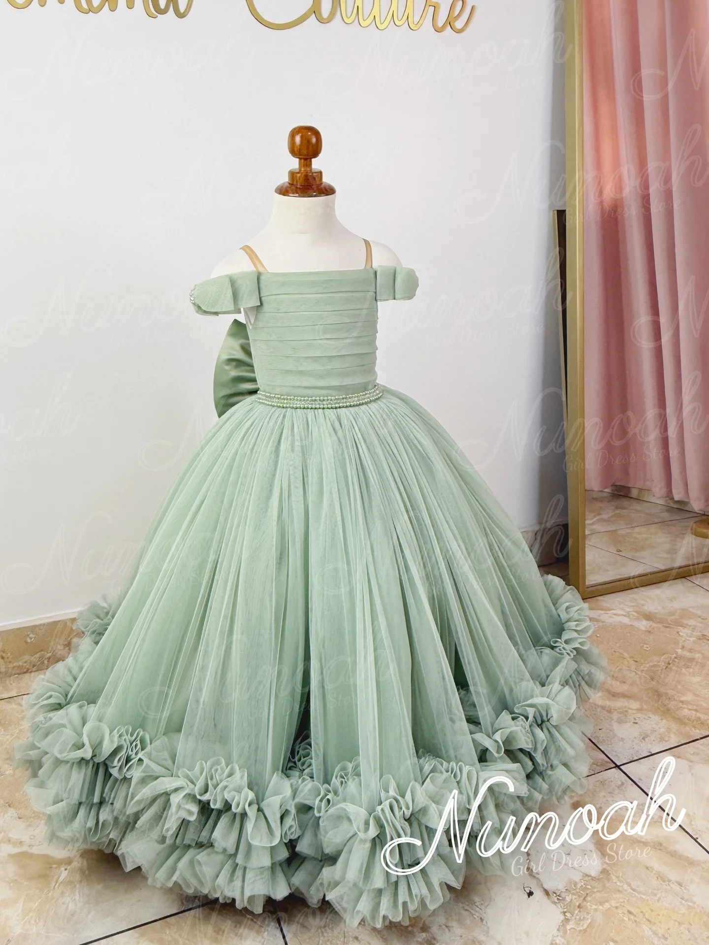 

Green Flower Girl Dress For Wedding with Bow Princess Girl Birthday Party Floor Length First Holy Communion Gowns Customized
