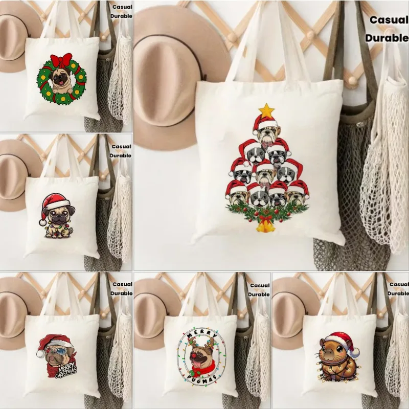 

Christmas Puppy Tote Bag Open-Top Shopper Shoulder Bag Canvas Tote Bag Large Capacity Shopping Bags Shoulder Handbags