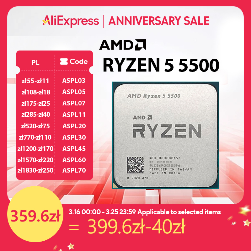  AMD Ryzen 5 5500 CPU Processor 6 Cores 12 Threads 3.6GHz Up to 4.2GHz AM4 Socket  Gaming Streaming No Cooler Included 