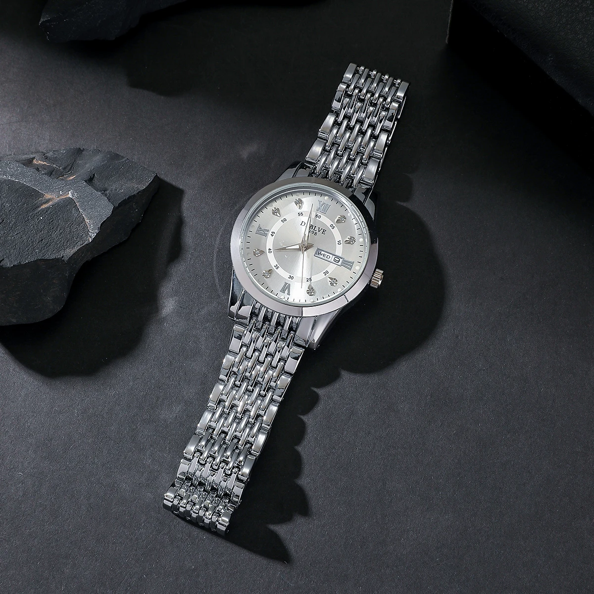 

Элегантные мужские часы из нержавеющей стали с серебряным покрытием - деловые наручные часы с бриллиантовой инкрустацией и функцией отображения дня и даты