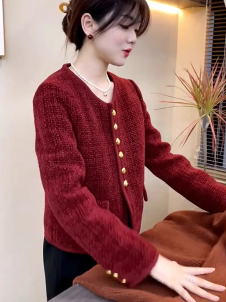 

Elegant Single-Button round Neck Long Sleeve Short Coat Autumn Winter Red Outerwear for Women Commute Style Floral Print